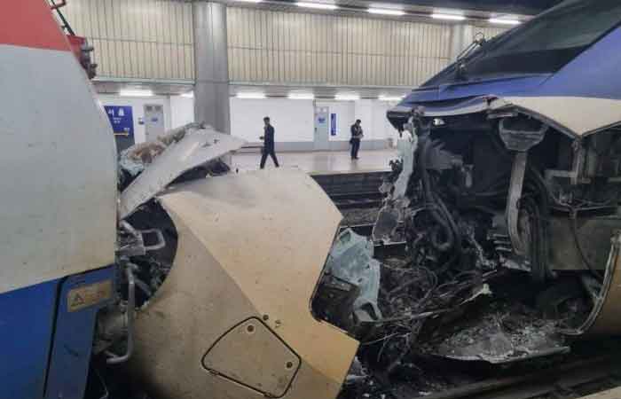 南韩首尔车站列车追撞4伤 车头严重毁损